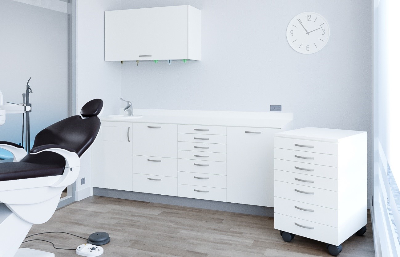 Gabinete dental con mobiliario tecnico, con mueble grande despalzable acabado en blanco