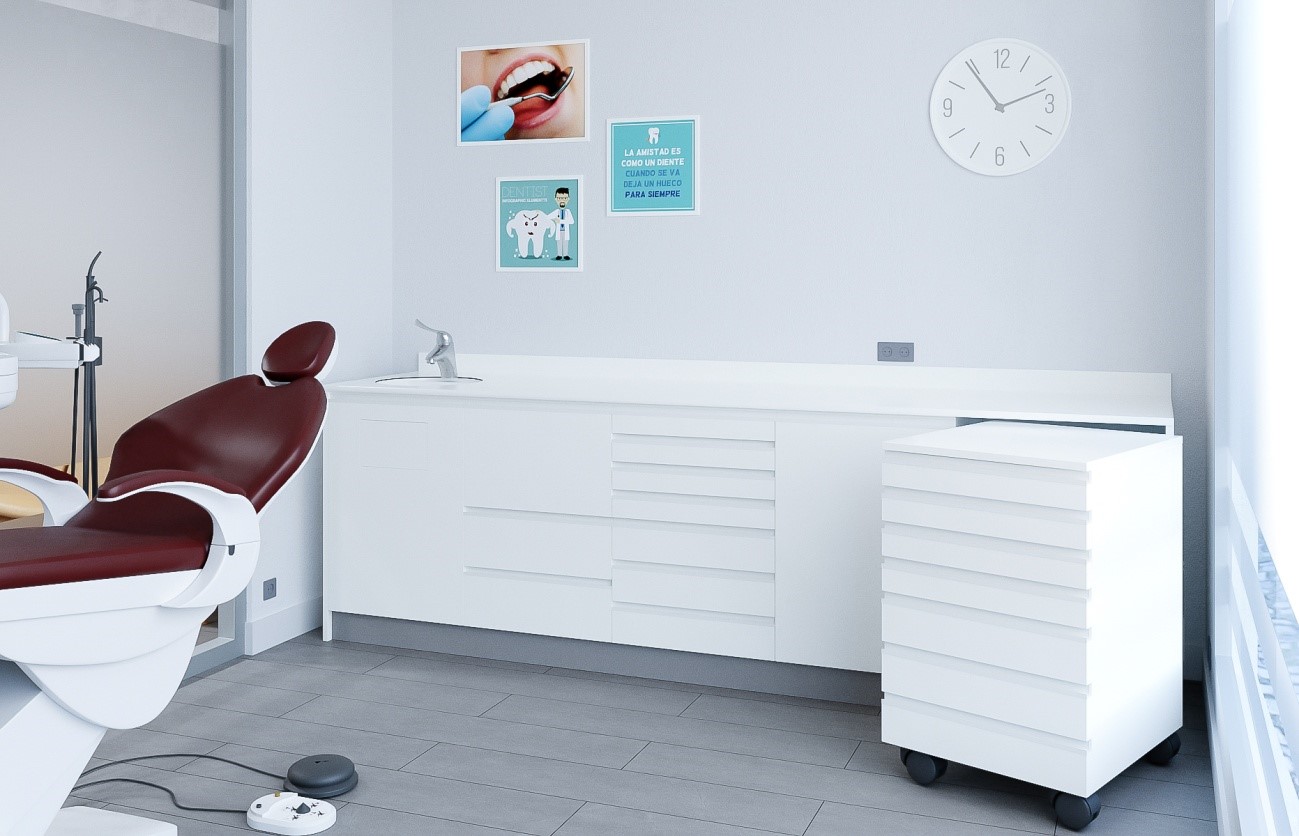 Gabinete dental con mobiliario tecnico, con mueble grande despalzable acabado en blanco