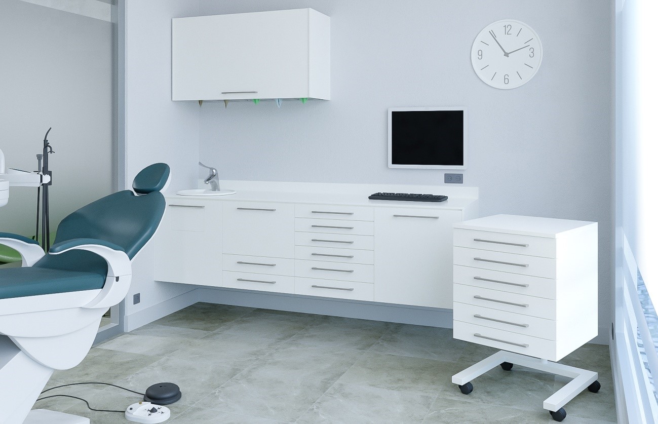Gabinete dental con mobiliario tecnico, con mueble despalzable acabado en blanco