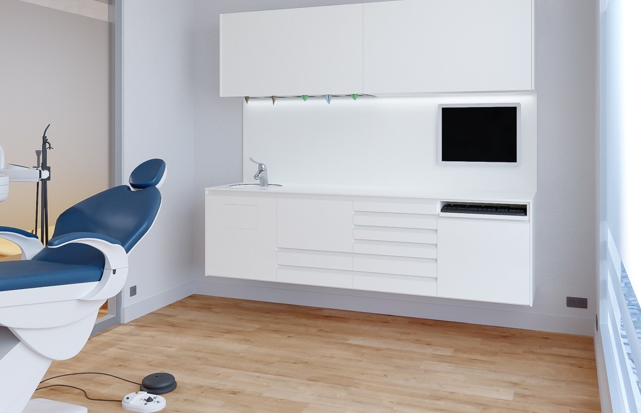 Gabinete dental con mobiliario tecnico, armarios integrados acabados en blancos